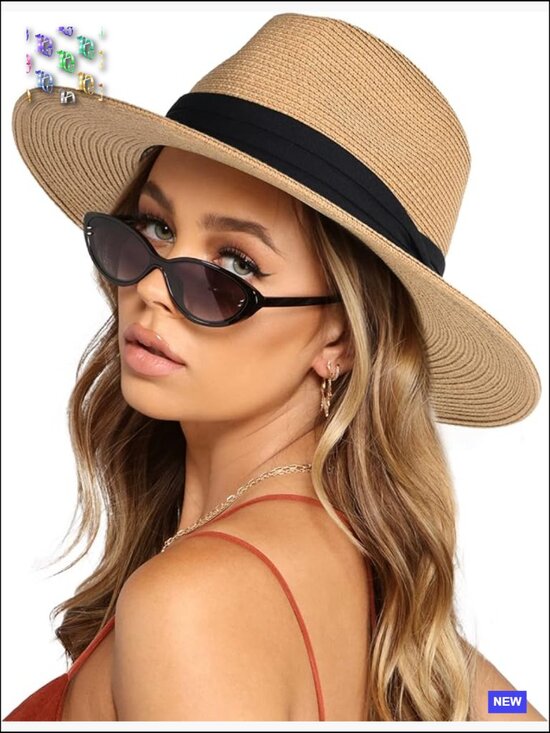 Wide Brim Straw Panama Fedora Hat UPF 50+ Sun Protection Beach Summer Classic main image 4